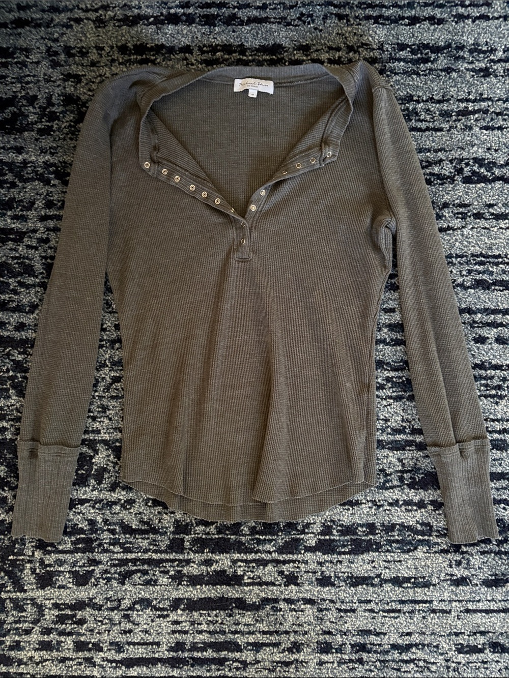 Michael Stars Olive Green Waffle Henley Long Sleeve Top